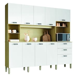 Armário de Cozinha Completa 2,22m 10 Portas 2 Gavetas Intense Branco / Madeirado Kit`s Paraná