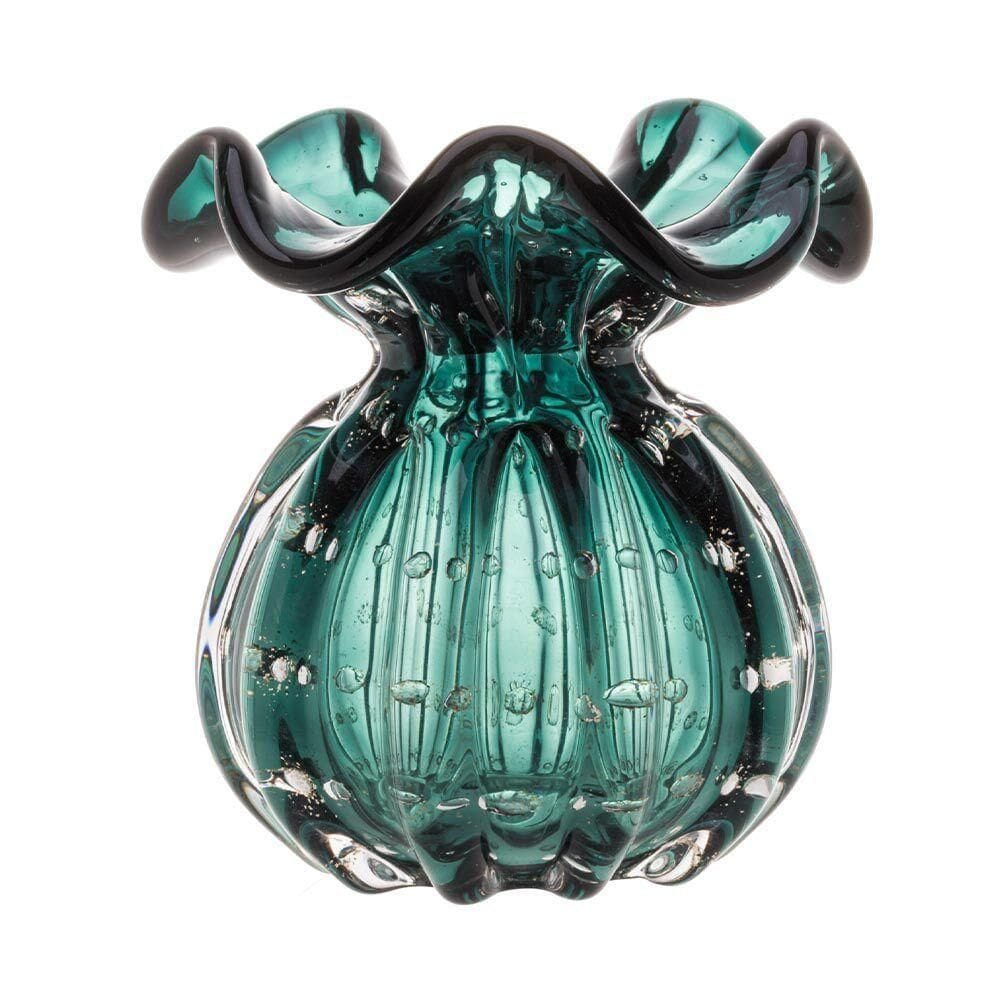 Vaso Murano Vidro Verde Esmeralda E Dourado 10x11cm Wolff