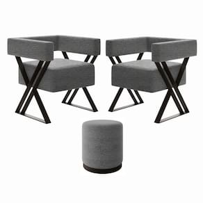 Kit 2 Poltrona E Puff Decorativo Kira Estilo Industrial Linho Cinza