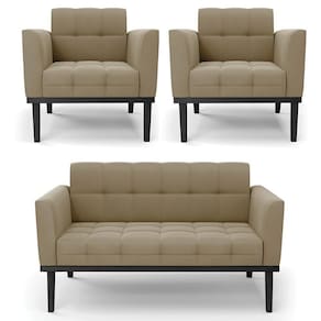 Sofá Namoradeira E 2 Poltronas Base Madeira Preto Ana Suede Marrom Rt - Ibiza