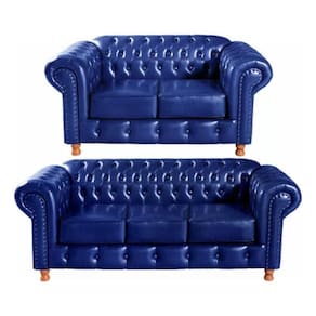 Conjunto Sofás 2 E 3 Lugares Chesterfield Luís Xv Vintage Retrô Capitonê Couro Azul