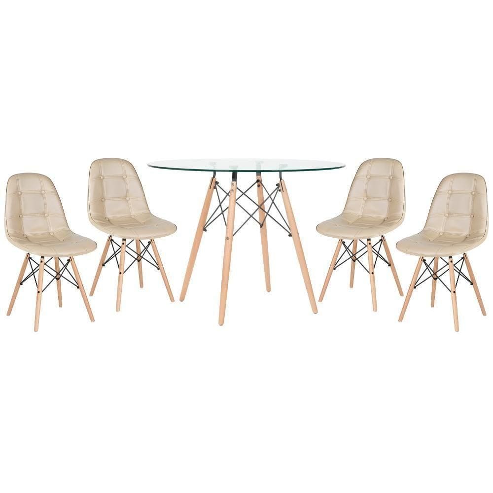 Kit - Mesa De Vidro Eames 100 Cm + 4 Cadeiras Eames Botonê Nude Nude