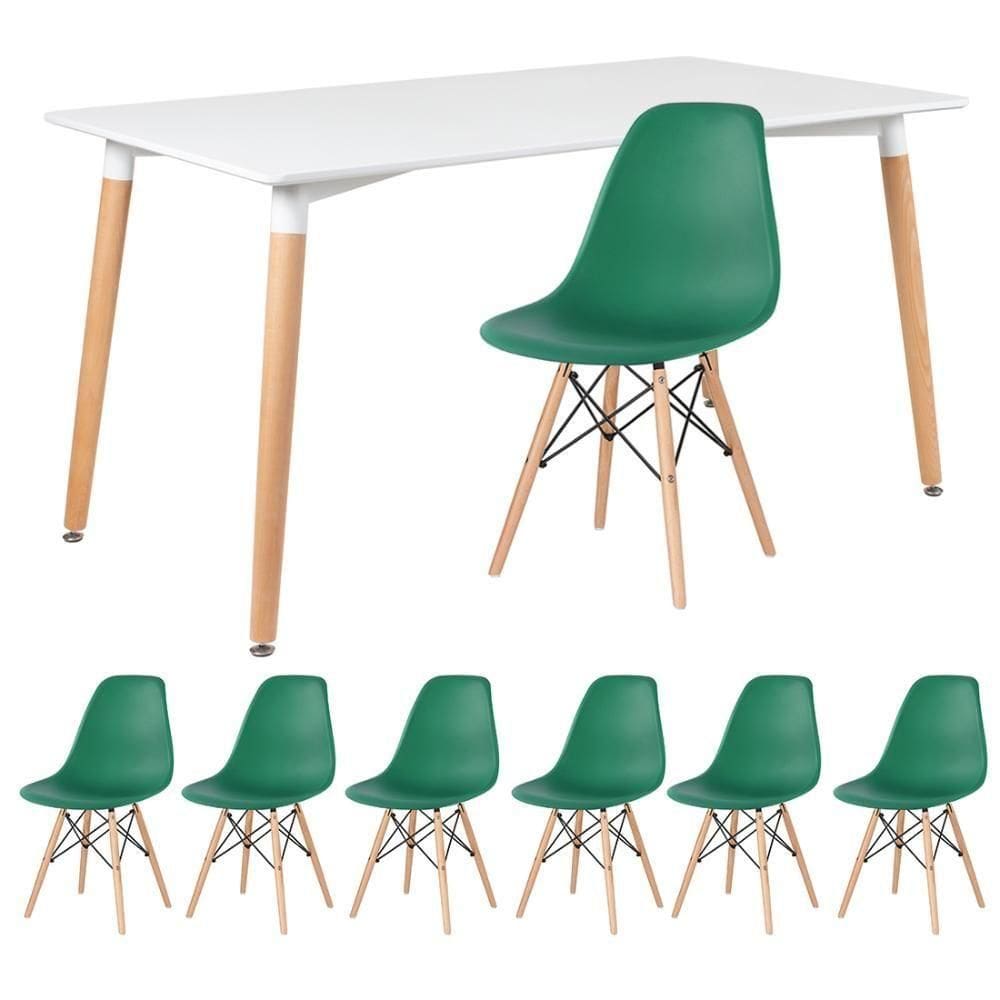 Kit - Mesa Retangular Eames 80 X 140 Cm Branco + 6 Cadeiras Dsw Verde Escuro Mesa Branco Com Cadeiras Verde Escuro