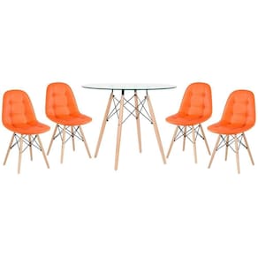 Kit - Mesa De Vidro Eames 90 Cm + 4 Cadeiras Eames Botonê Laranja Cadeiras Laranja
