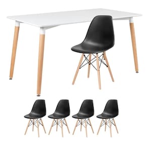 Kit - Mesa Retangular Eames 80 X 140 Cm + 4 Cadeiras Dsw Mesa Branco Com Cadeiras Preto Mesa Branco Com Cadeiras Preto