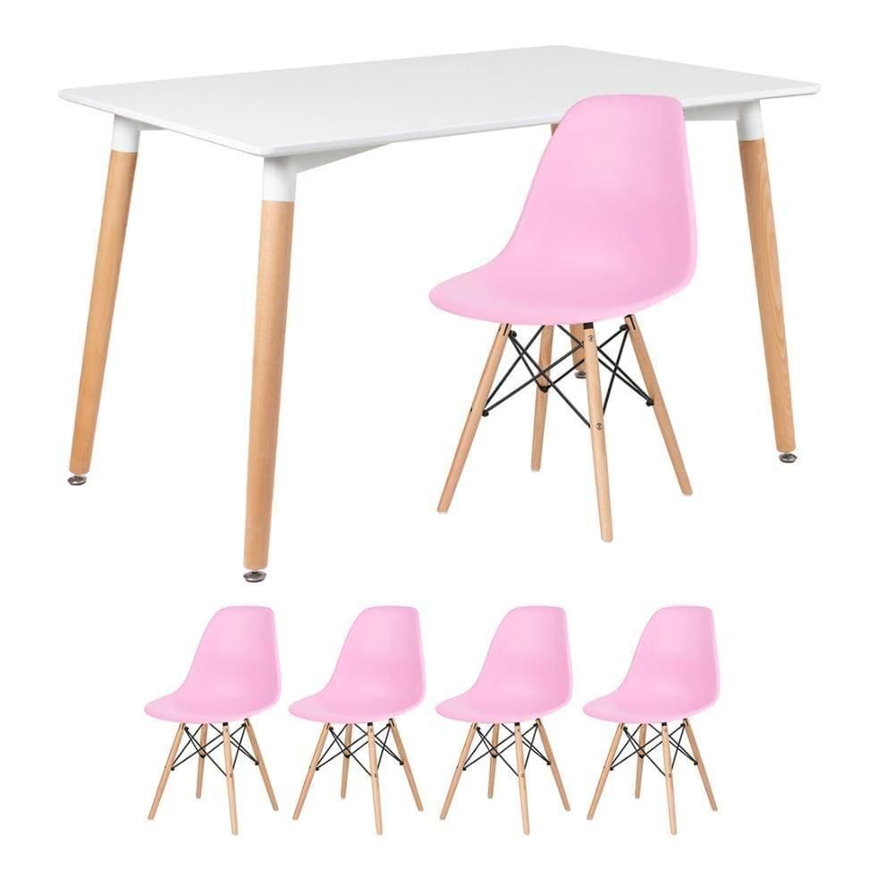Kit - Mesa Retangular Eames 80 X 120 Cm + 4 Cadeiras Dsw Mesa Branco Com Cadeiras Rosa Mesa Branco Com Cadeiras Rosa