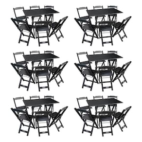 Kit 6 Conjuntos De Mesa Dobráveis De Madeira 70x110cm Com 6 Cadeiras Preta