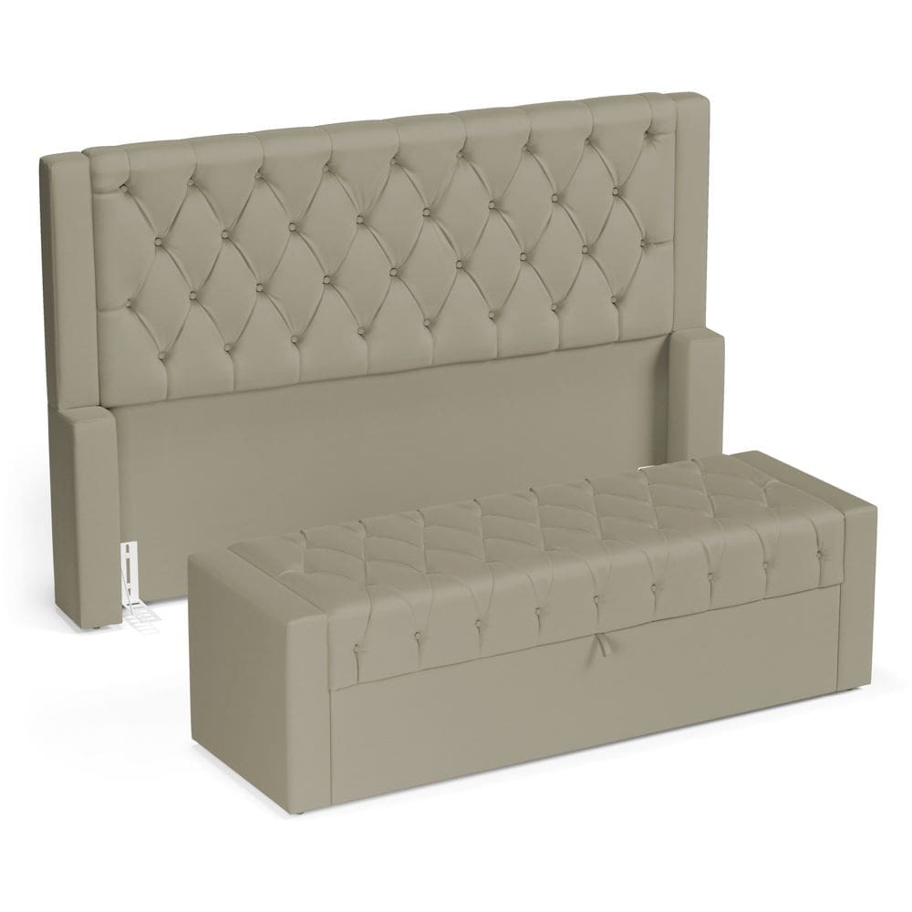 Cabeceira e Calçadeira Báu King Size Atena 195cm Capitonê Veludo Bege - Abmaza