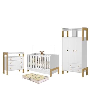 Dormitório Infantil Fantasia Guarda Roupa, Cômoda E Berço Branco Acetinado Com Colchão Supreme - Qmovi Branco Acetinado