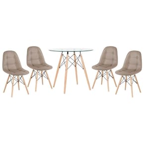 Kit - Mesa De Vidro Eames 80 Cm + 4 Cadeiras Eames Botonê Nude Nude