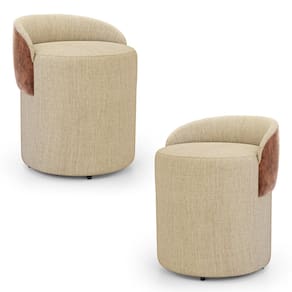 Kit 02 Puffs Banquetas Living Gaia Orgânico com Encosto Baixo Linho Bege Ocre - Abmaza