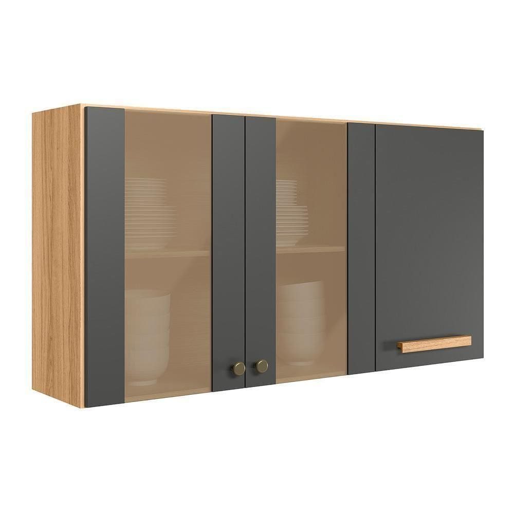 Armário Aéreo Intenza 120cm 3 Portas Freijó-chumbo Com Vidro Reflecta - Nicioli Freijó-chumbo