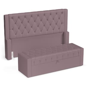 Cabeceira e Calçadeira Báu King Size Atena 195cm Capitonê Veludo Rosê - Abmaza