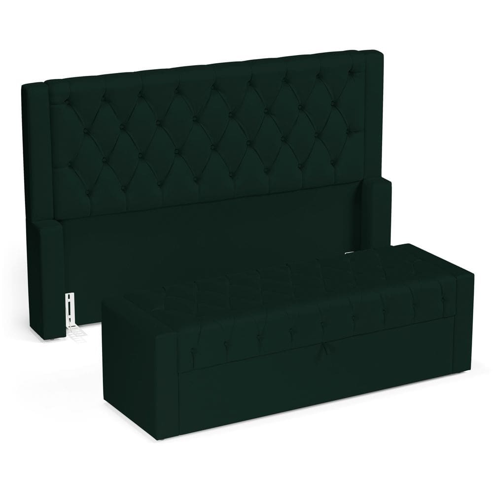 Cabeceira e Calçadeira Báu King Size Atena 195cm Capitonê Veludo Verde Escuro - Abmaza