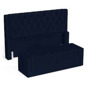 Cabeceira e Calçadeira Báu King Size Atena 195cm Capitonê Suede Azul Marinho - Abmaza