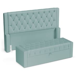Cabeceira e Calçadeira Báu King Size Atena 195cm Capitonê Veludo Acqua - Abmaza