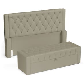 Cabeceira e Calçadeira Báu Queen Size Atena 160cm Capitonê Veludo Bege - Abmaza