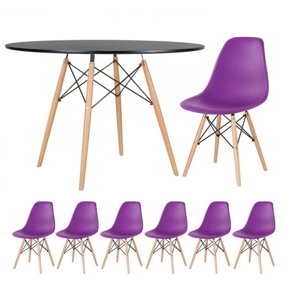 Kit - Mesa Eames 120 Cm Preto + 6 Cadeiras Eames Dsw Roxo Mesa Preto Com Cadeiras Roxo
