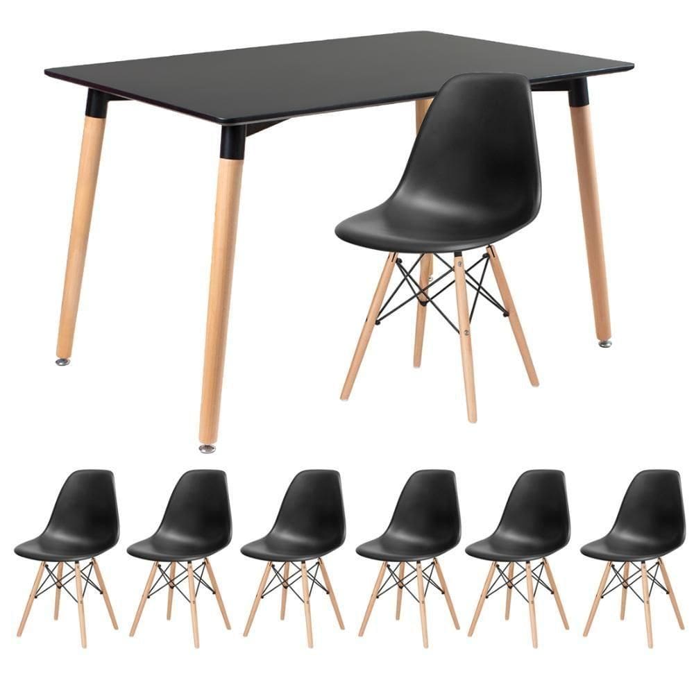 Kit - Mesa Retangular Eames 80 X 120 Cm Preto + 6 Cadeiras Dsw Preto Mesa Preto Com Cadeiras Preto
