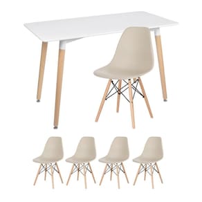 Kit - Mesa Retangular Eames 60 X 120 Cm + 4 Cadeiras Dsw Mesa Branco Com Cadeiras Nude Mesa Branco Com Cadeiras Nude