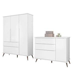 Jogo De Quarto Infantil Retrô Melinda Guarda Roupa E Cômoda Com Porta Branco - Phoenix Baby Branco