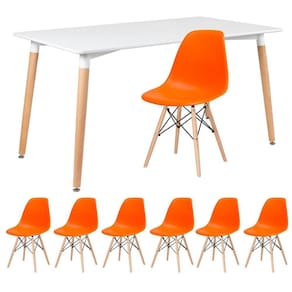 Kit - Mesa Retangular Eames 80 X 140 Cm Branco + 6 Cadeiras Dsw Laranja Mesa Branco Com Cadeiras Laranja