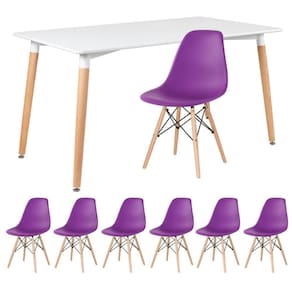 Kit - Mesa Retangular Eames 80 X 140 Cm Branco + 6 Cadeiras Dsw Roxo Mesa Branco Com Cadeiras Roxo
