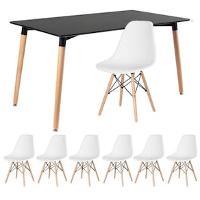 Kit - Mesa Retangular Eames 80 X 140 Cm Preto + 6 Cadeiras Dsw Branco Mesa Preto Com Cadeiras Branco