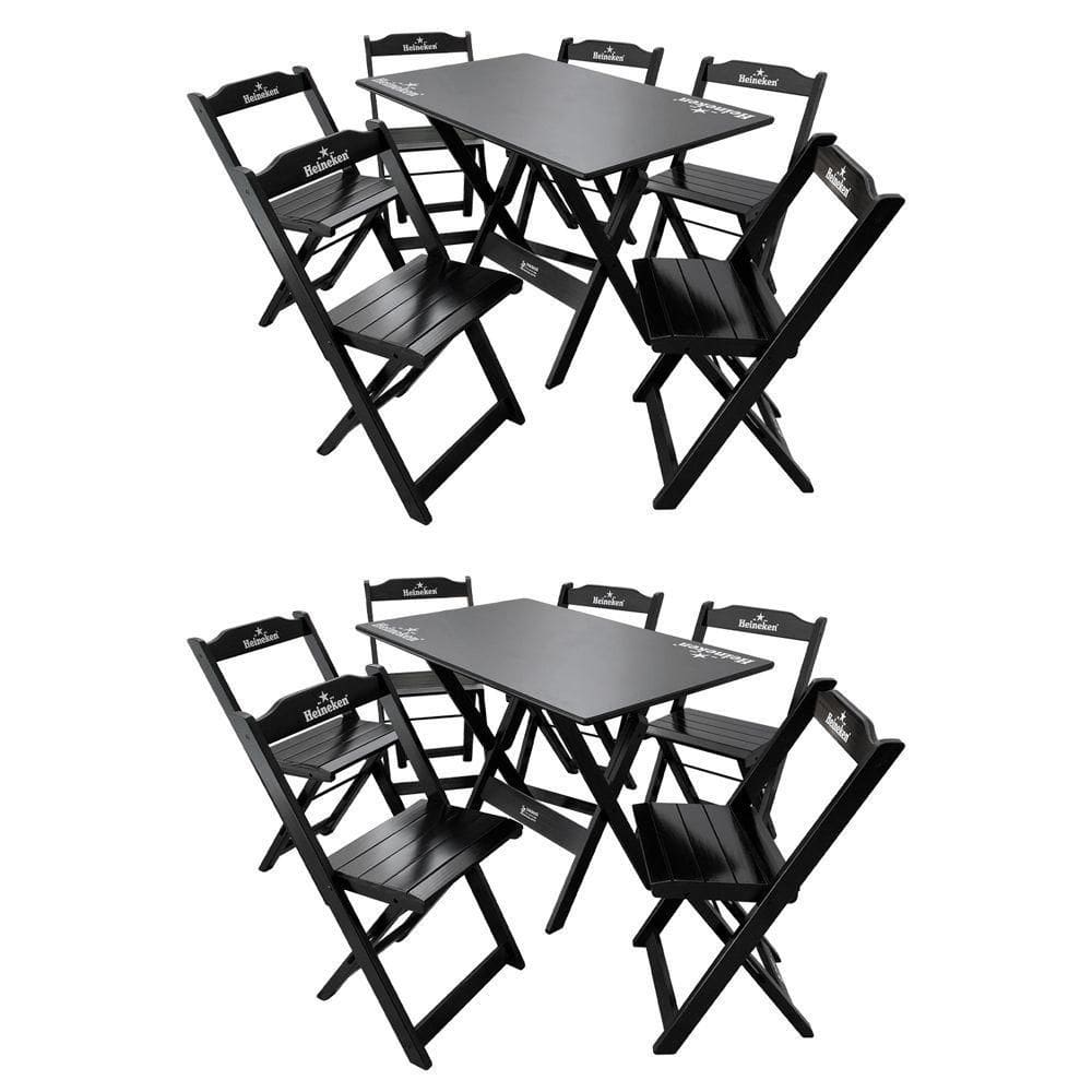 Kit 2 Conjuntos Mesa Dobrável Madeira 110x70 Com 6 Cadeiras Personalizada Hei Preta - Tarimatã