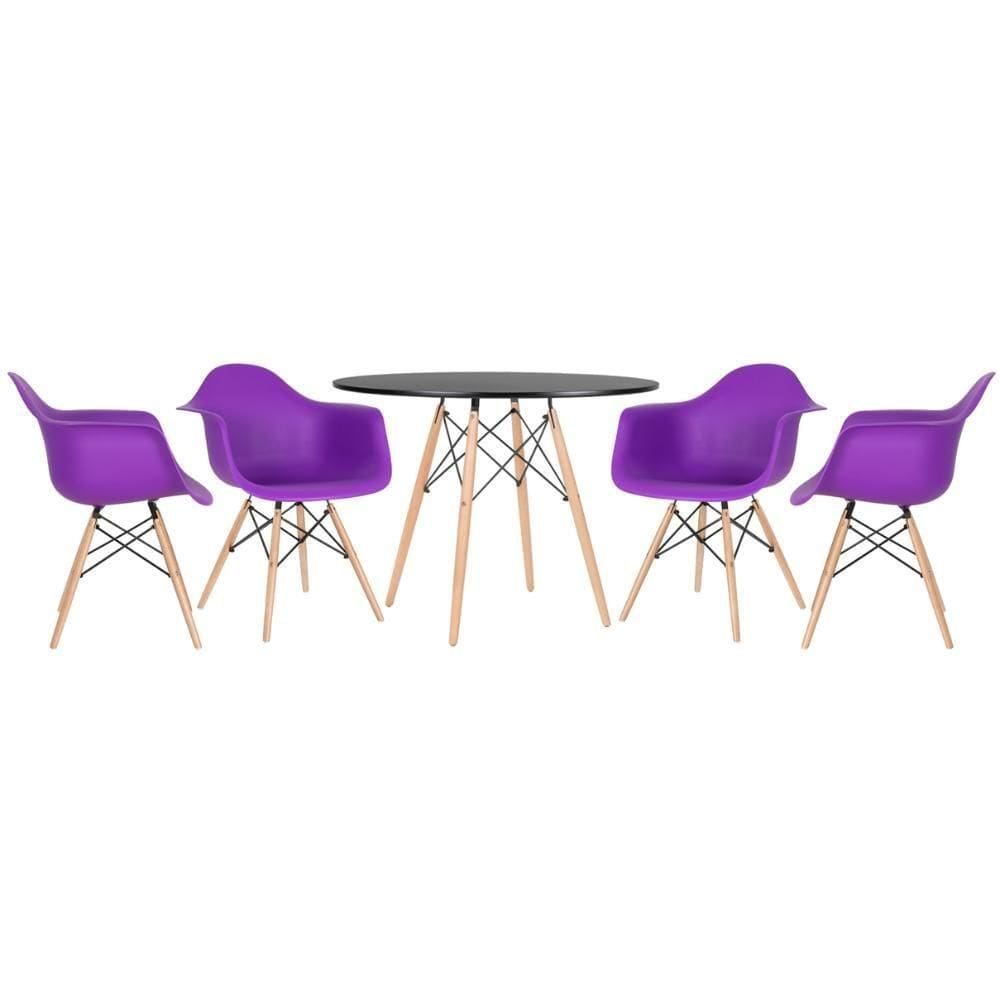 Kit - Mesa Eames 100 Cm + 4 Cadeiras Eames Daw Mesa Preto Com Cadeiras Roxo Mesa Preto Com Cadeiras Roxo