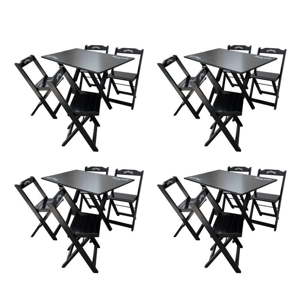 Kit 4 Conjuntos Mesa Dobrável Madeira 110x70 Com 4 Cadeiras Personalizada Jack Preta - Tarimatã