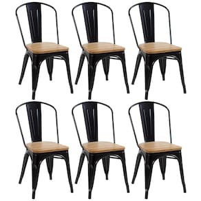 Kit 6 Cadeiras Iron Tolix Com Assento De Madeira Industrial Jantar Cozinha Preto Preto