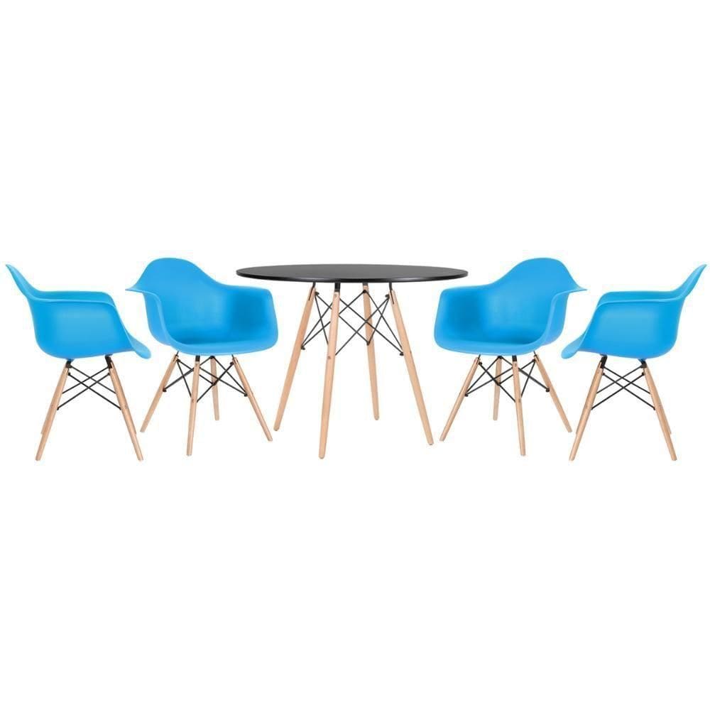 Kit - Mesa Eames 100 Cm + 4 Cadeiras Eames Daw Mesa Preto Com Cadeiras Azul Céu Mesa Preto Com Cadeiras Azul Céu