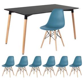 Kit - Mesa Retangular Eames 80 X 140 Cm Preto + 6 Cadeiras Dsw Turquesa Mesa Preto Com Cadeiras Turquesa