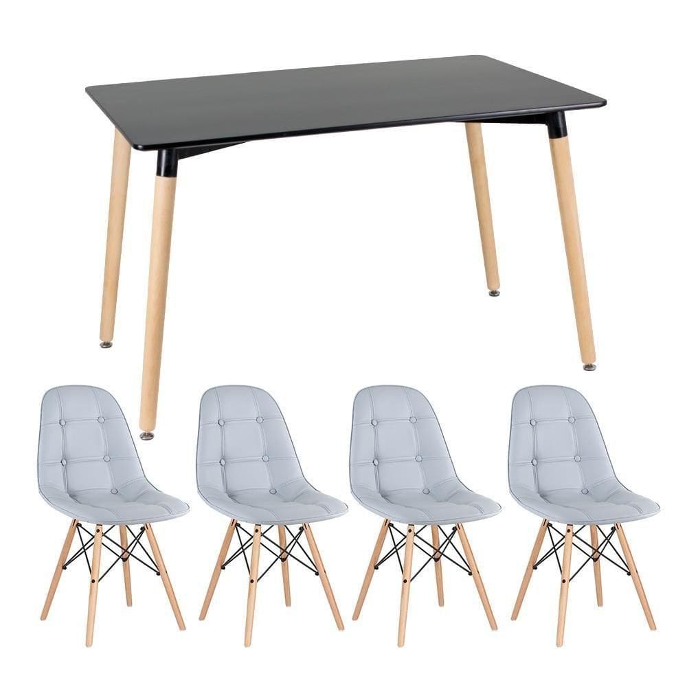 Kit - Mesa Retangular Eames 80 X 120 Cm Preto + 4 Cadeiras Botonê Cinza Claro Mesa Preto Com Cadeiras Cinza Claro