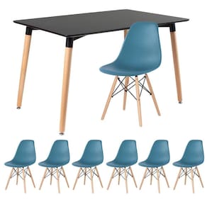 Kit - Mesa Retangular Eames 80 X 120 Cm Preto + 6 Cadeiras Dsw Turquesa Mesa Preto Com Cadeiras Turquesa