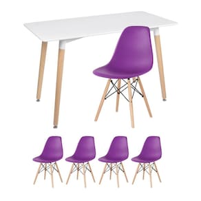Kit - Mesa Retangular Eames 60 X 120 Cm + 4 Cadeiras Dsw Mesa Branco Com Cadeiras Roxo Mesa Branco Com Cadeiras Roxo