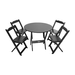 Mesa Dobrável De Madeira Redonda 90cm Com 4 Cadeiras Preta - Tarimatã