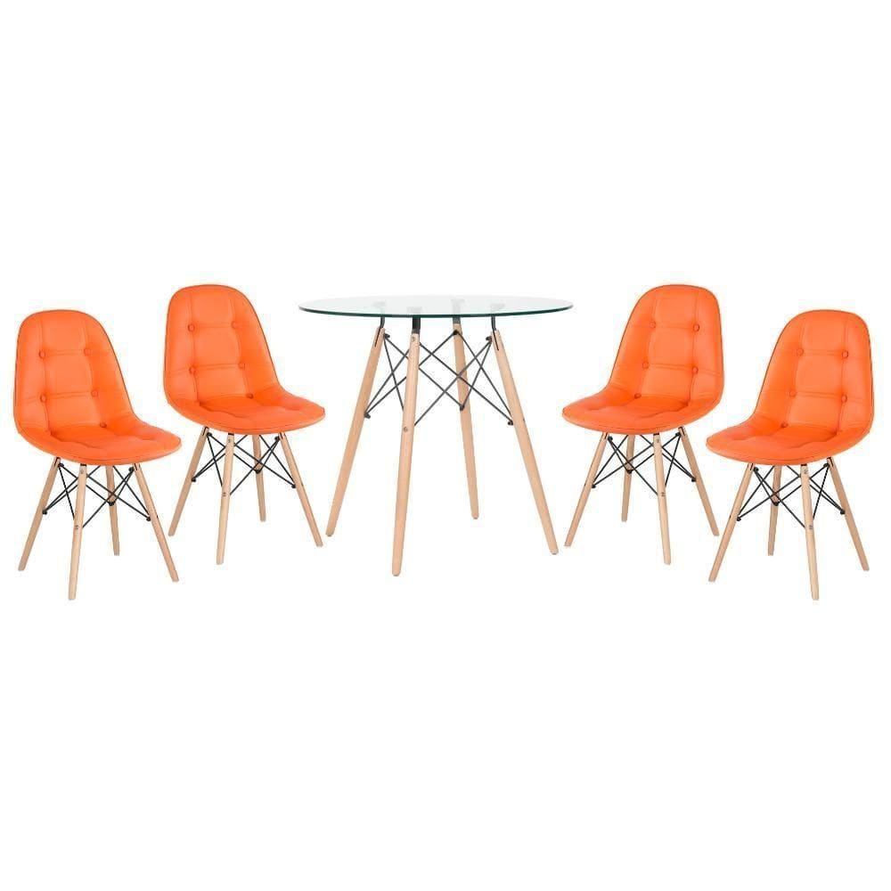 Kit - Mesa De Vidro Eames 80 Cm + 4 Cadeiras Eames Botonê Laranja Laranja