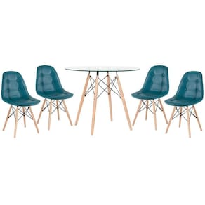 Kit - Mesa De Vidro Eames 90 Cm + 4 Cadeiras Eames Botonê Turquesa Cadeiras Turquesa