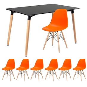 Kit - Mesa Retangular Eames 80 X 120 Cm Preto + 6 Cadeiras Dsw Laranja Mesa Preto Com Cadeiras Laranja