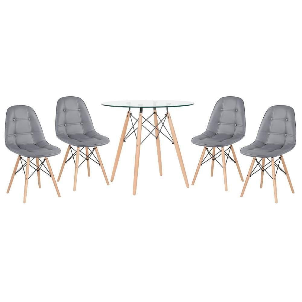 Kit - Mesa De Vidro Eames 80 Cm + 4 Cadeiras Eames Botonê Cinza Escuro Cinza-escuro