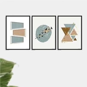 Kit 3 Quadros Abstratos Geométricos Pássaros 24X18Cm Preta