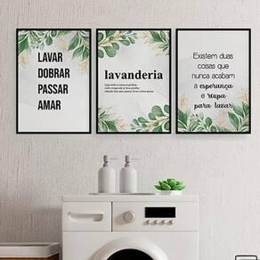 Kit 3 Quadros Para Lavanderia Folhas 33X24Cm Madeira Preta