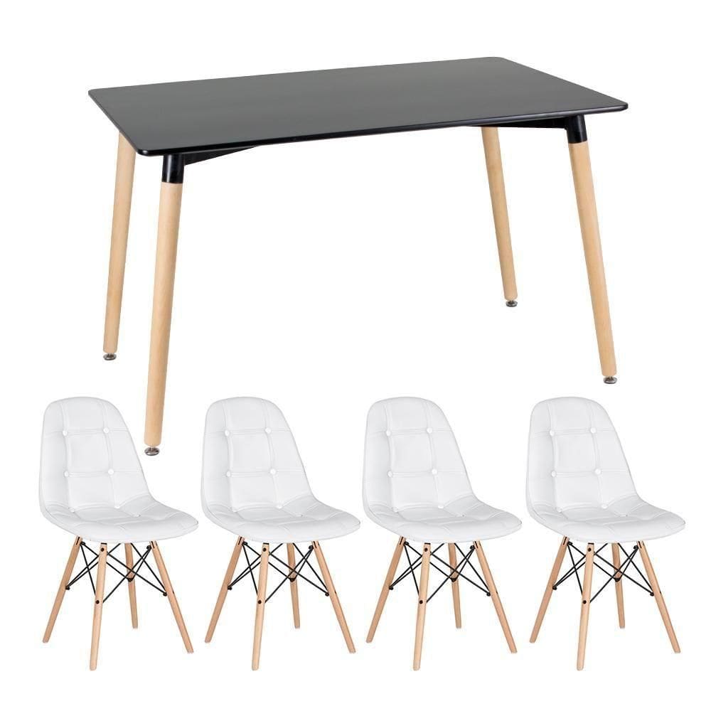 Kit - Mesa Retangular Eames 80 X 120 Cm Preto + 4 Cadeiras Botonê Branco Mesa Preto Com Cadeiras Branco