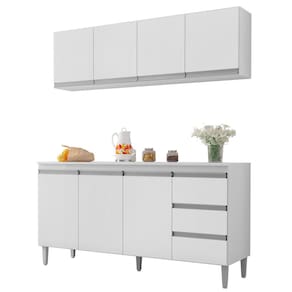 Balcão Gabinete Andréia com Tampo 150cm 3 Portas e Armário Aéreo 4 Portas Branco - Abmaza