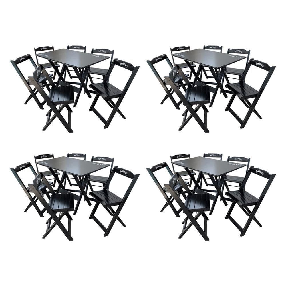 Kit 4 Conjuntos Mesa Dobrável Madeira 110x70 Com 6 Cadeiras Personalizada Jack Preta - Tarimatã