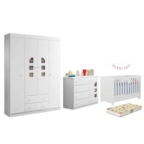Dormitório Lívia Guarda Roupa, Cômoda E Berço Branco Com Colchão Supreme - Phoenix Baby Branco