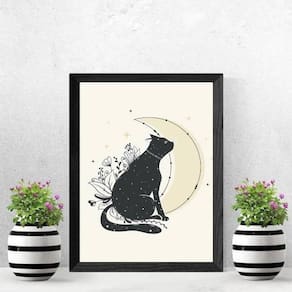 Quadro Decorativo Gato Com Lua 24X18Cm - Com Vidro