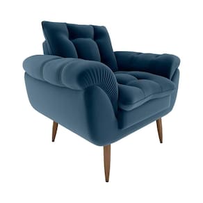 Poltrona Decorativa Confortável Pés Em Madeira Maciça Xangai Matrix Veludo Azul